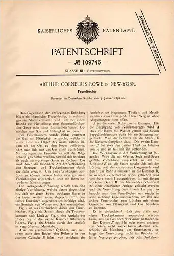 Original Patentschrift - Feuerlöscher , 1898 , A. Rowe in New York , Feuerwehr , Fire , Feuer !!!