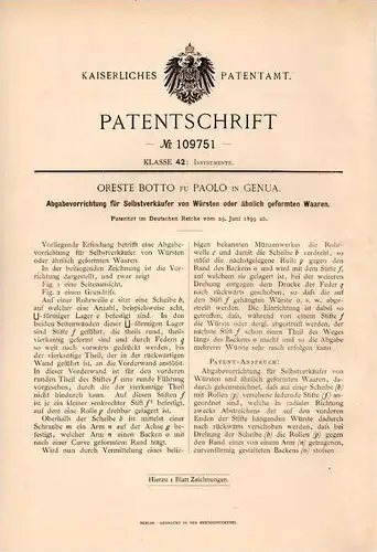 Original Patentschrift - Oresto Botto fu Paolo in Genua / Genova , 1899 , Verkaufsapparat für Wurst , Fleisch !!!