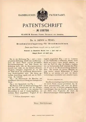 Original Patentschrift - Dr. A. Jaehn in Penig i. S. , 1898 , Druckwalzenlagerung für Druckmaschinen , Druckerei !!!