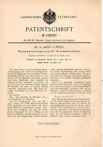 Original Patentschrift - Dr. A. Jaehn in Penig i. S. , 1898 , Druckwalzenlagerung für Druckmaschinen , Druckerei !!!