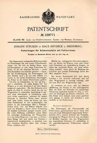 Original Patentschrift -  J. Struken in Haus Heydeck b. Rheinberg , 1899 , Futterwagen für Schweinestall , Tierzucht !!!