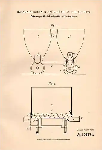 Original Patentschrift -  J. Struken in Haus Heydeck b. Rheinberg , 1899 , Futterwagen für Schweinestall , Tierzucht !!!