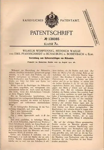 Original Patentschrift - H. Waelke in Bünauburg b. Bodenbach a. Elbe , 1901 , Nähnadeln für Spitzen , Bynov !!!