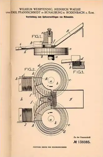 Original Patentschrift - H. Waelke in Bünauburg b. Bodenbach a. Elbe , 1901 , Nähnadeln für Spitzen , Bynov !!!