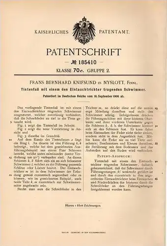 Original Patentschrift - F. Knifsund in Nyslott / Savonlinna , Finnland , 1906 , Tintenfaß mit Schwimmer , Tinte !!!