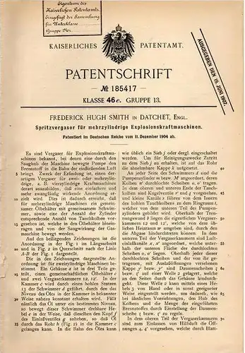 Original Patentschrift - F. Smith in Datchet , England , 1904 , Vergaser für Mehrzylinder - Motoren , Carburator !!!