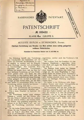 Original Patentschrift - A. Duflos in Dünkirchen / Dunkerque , 1906 , Fahrbarer Apparat zum Wenden von Malz !!!