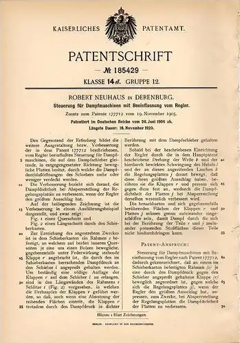 Original Patentschrift - R. Neuhaus in Derenburg b. Blankenburg a. Harz , 1906 , Steuerung für Dampfmaschinen !!!