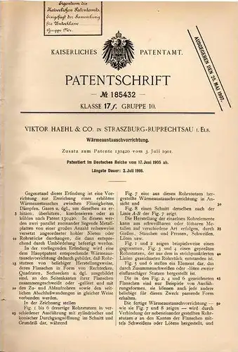 Original Patentschrift - Viktor Haehl & Co in Straßburg - Ruprechtsau i. Elsass , 1905 , Wärmeaustauschapparat !!!
