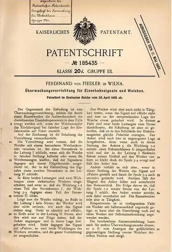 Original Patentschrift - Ferdinand von Fiedler in Wilna / Vilnius , 1905 , Überwachungsapparat für Eisenbahn - Signale !