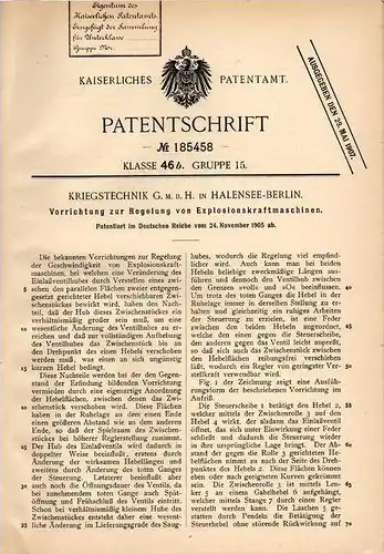Original Patentschrift - Kriegstechnik GmbH in Halensee - Berlin , 1905 , Regelung von Explosionskraftmaschinen !!!