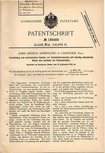 Original Patentschrift - John Arthur Armstrong in Gilnockie , England , 1906 , mechanischer Apparatt für Klavier , Piano