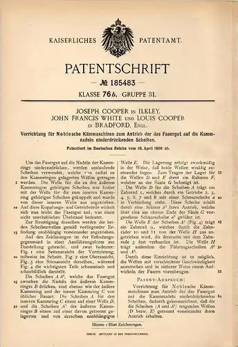 Original Patentschrift - J. Cooper in Ilkley und Bradford , 1906 , Apparat für Kämmaschinen , Kämmerei !!!
