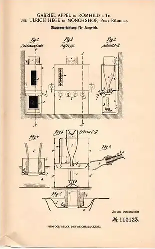 Original Patentschrift -G. Appel und U. Hege in Römhild und Mönchshof i. Th.,1899, Säugeapparat für Jungvieh , Tierzucht