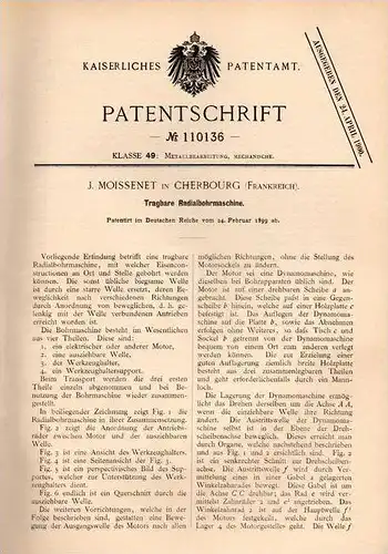 Original Patentschrift - J. Moissenet in Cherbourg , 1899 , Tragbare Radial - Bohrmaschine !!!