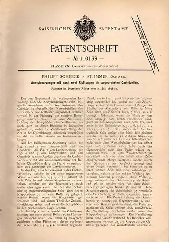 Original Patentschrift - P. Schreck in Saint Imier , 1898 , Acetylenerzeuger mit Carbidzellen !!!
