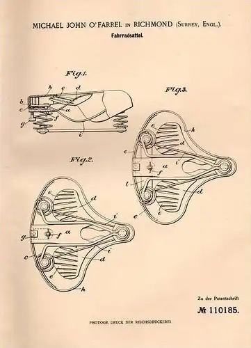 Original Patentschrift - M. John O´ Farrel in Richmond , 1899 , Sattel für Fahrrad , bicycle !!!