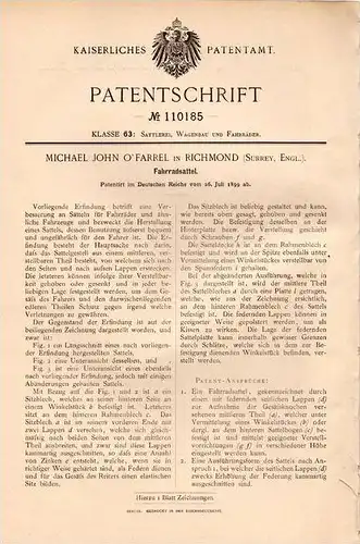 Original Patentschrift - M. John O´ Farrel in Richmond , 1899 , Sattel für Fahrrad , bicycle !!!