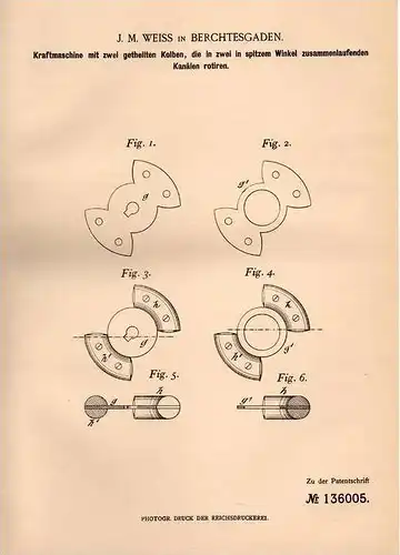 Original Patentschrift - J.M. Weiss in Berchtesgaden , 1901 , Kraftmaschine mit zwei getheilten Kolben !!!