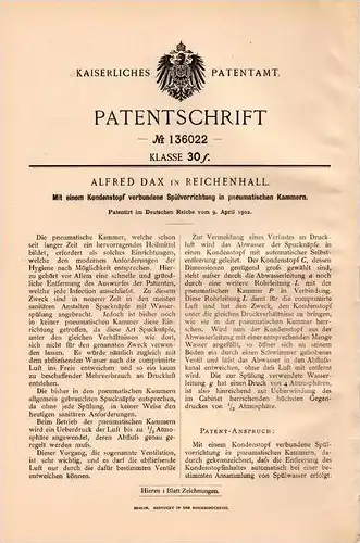 Original Patentschrift - Alfred Dax in Reichenhall , 1902 , Spülapparat mit Kondenstopf !!!