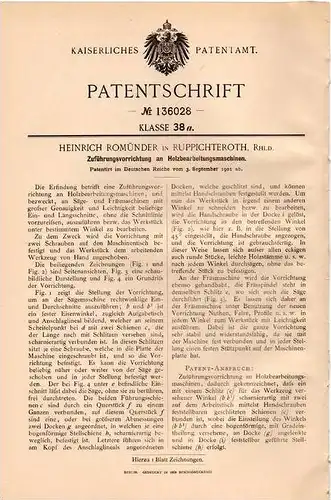 Original Patentschrift - H. Romünder in Ruppichteroth , Rhld., 1901 , Holbearbeitungsmaschinen , Tischlerei , Tischler !