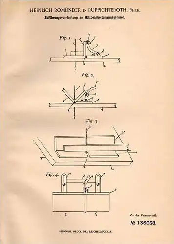 Original Patentschrift - H. Romünder in Ruppichteroth , Rhld., 1901 , Holbearbeitungsmaschinen , Tischlerei , Tischler !