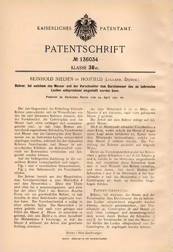 Original Patentschrift - R. Nielsen in Hojfjeld , Lolland , Dänemark , 1901 , Bohrer mit einstellbarem Messer !!!