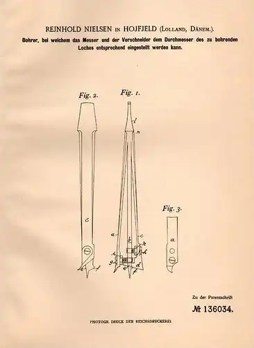 Original Patentschrift - R. Nielsen in Hojfjeld , Lolland , Dänemark , 1901 , Bohrer mit einstellbarem Messer !!!