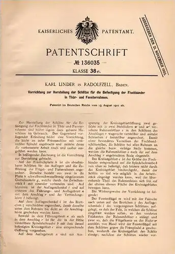 Original Patentschrift - Karl Linder in Radolfzell , Baden , 1901 , Fischband - Herstellung für Thür- und Fensterrahmen