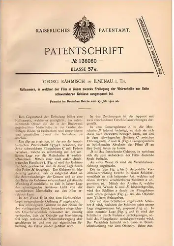 Original Patentschrift - Georg Rähmisch in Ilmenau i. Th., 1901 , Rollcamera , Camera , Photographie !!!