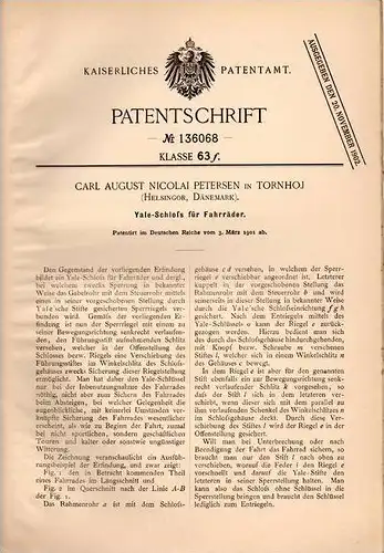 Original Patentschrift - C. Petersen in Ornhoj , Helsingör , Dänemark , 1901 , Yade - Schloß für Fahrrad !!!