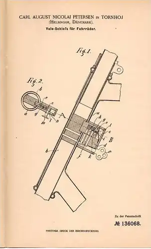 Original Patentschrift - C. Petersen in Ornhoj , Helsingör , Dänemark , 1901 , Yade - Schloß für Fahrrad !!!