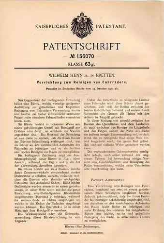 Original Patentschrift - W. Henn in Bretten , 1901 , Apparat zur Fahrrad - Reinigung , Fahrräder !!!