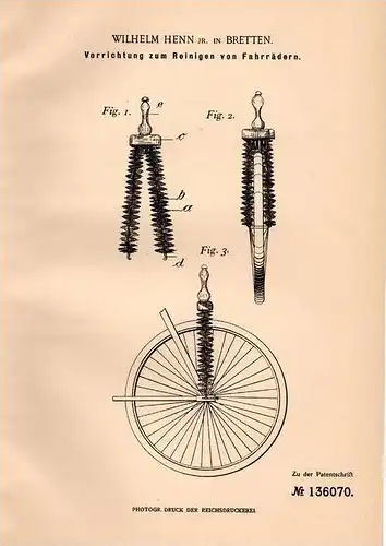 Original Patentschrift - W. Henn in Bretten , 1901 , Apparat zur Fahrrad - Reinigung , Fahrräder !!!