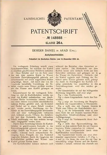 Original Patentschrift - Desider Dániel in Arad , Ungarn , 1902 , Entwickler für Acetylen !!!