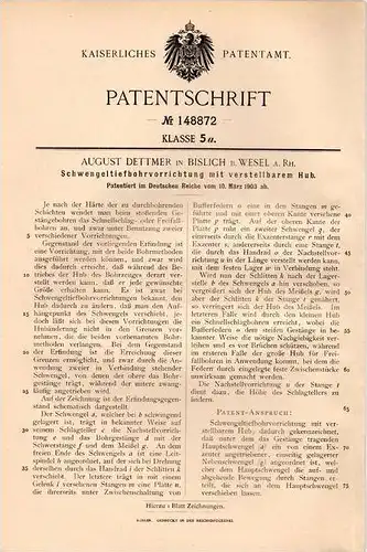 Original Patentschrift - A. Dettmer in Bislich b. Wesel a. Rh., 1903 , Tiefbohrvorrichtung , Erdbohrer !!!