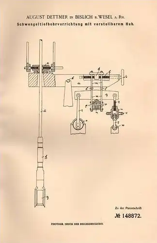 Original Patentschrift - A. Dettmer in Bislich b. Wesel a. Rh., 1903 , Tiefbohrvorrichtung , Erdbohrer !!!