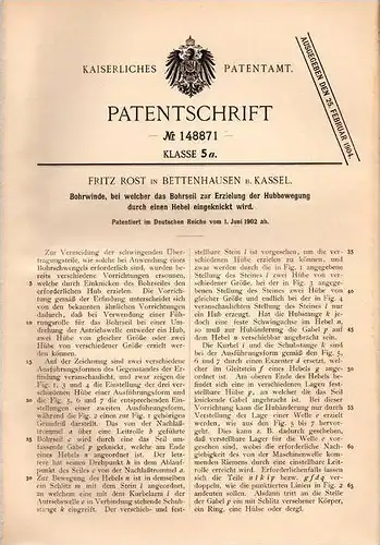Original Patentschrift - Fritz Rost in Bettenhausen b. Kassel , 1902 , Bohrwinde mit Knickhebel !!!