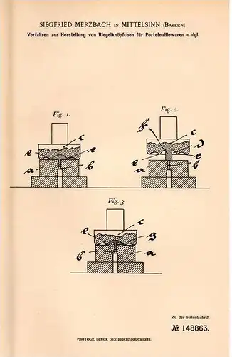 Original Patentschrift - S. Merzbach in Mittelsinn , Bayern , 1901 , Riegelknöpfchen für Portefeullewaren !!!