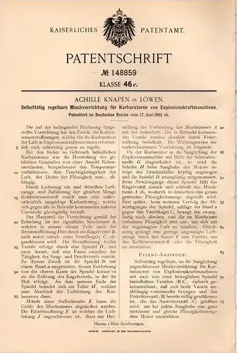 Original Patentschrift - Achille Knapen in Löwen , 1902 , Karburator für Explosionskraftmaschinen , Motoren !!!