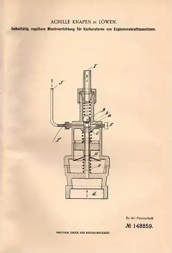 Original Patentschrift - Achille Knapen in Löwen , 1902 , Karburator für Explosionskraftmaschinen , Motoren !!!