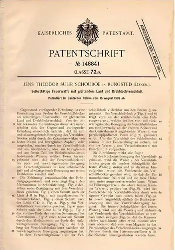 Original Patentschrift - J. Schouboe in Rungsted , Dänemark , 1902 , Feuerwaffe mit gleitendem Lauf , Pistole , Pistol !