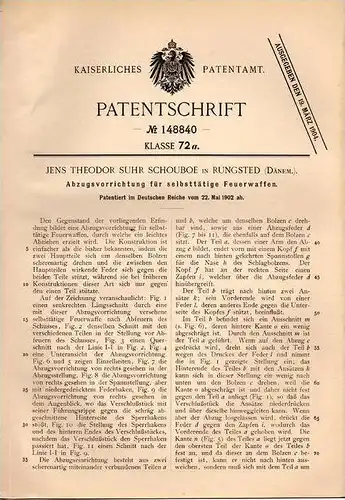 Original Patentschrift - J. Suhr Schouboe in Rungsted , Dänemark , 1902 , Feuerwaffe , Pistole , Gewehr , Waffe , Pistol