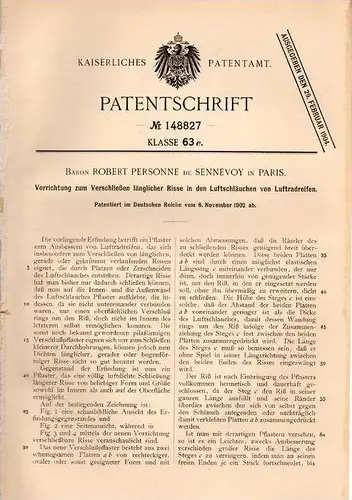 Original Patentschrift - Baron Robert Personne de Sennevoy in Paris , 1902 , Reparatur von Schläuchen , Reifen !!!