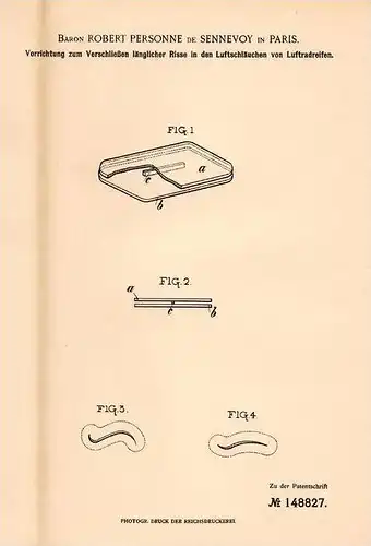 Original Patentschrift - Baron Robert Personne de Sennevoy in Paris , 1902 , Reparatur von Schläuchen , Reifen !!!