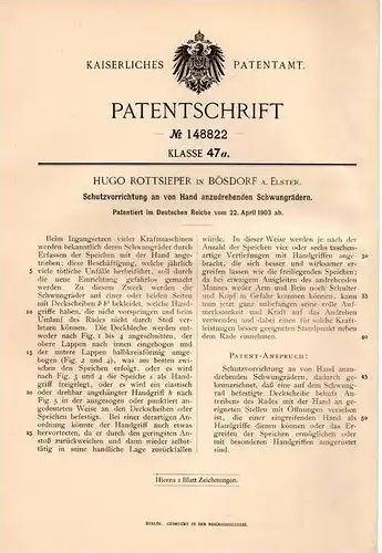 Original Patentschrift - H. Rottsieper in Bösdorf a. Elster b. Zwenkau , 1903 , Schutz für Schwungräder !!!
