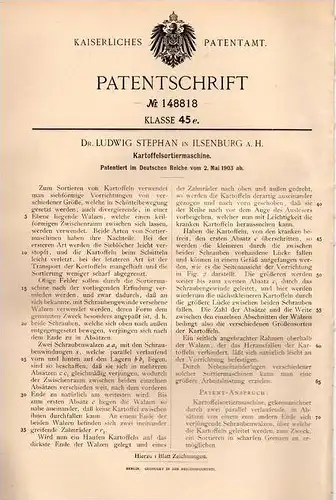 Original Patentschrift - Dr. Ludwig Stephan in Ilsenburg a. Harz , 1903 , Kartoffel - Sortiermaschine , Landwirtschaft !