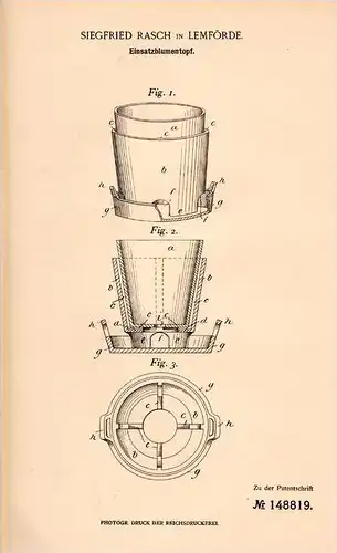 Original Patentschrift - S. Rasch in Lemförde , 1903 , Einsatz - Blumentopf , Blumen , Gärtnerei !!!