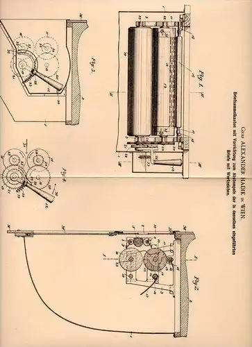 Original Patentschrift - Graf Alexander Hadik in Wien ,1902, Briefkasten mit Apparat zum Stempeln von Wertzeichen , Post