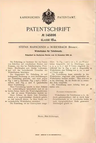 Original Patentschrift - S. Marschner in Bodenbach / Decin , 1902 , Tabellensatz , Druck , Druckerei , Briefkopf !!!